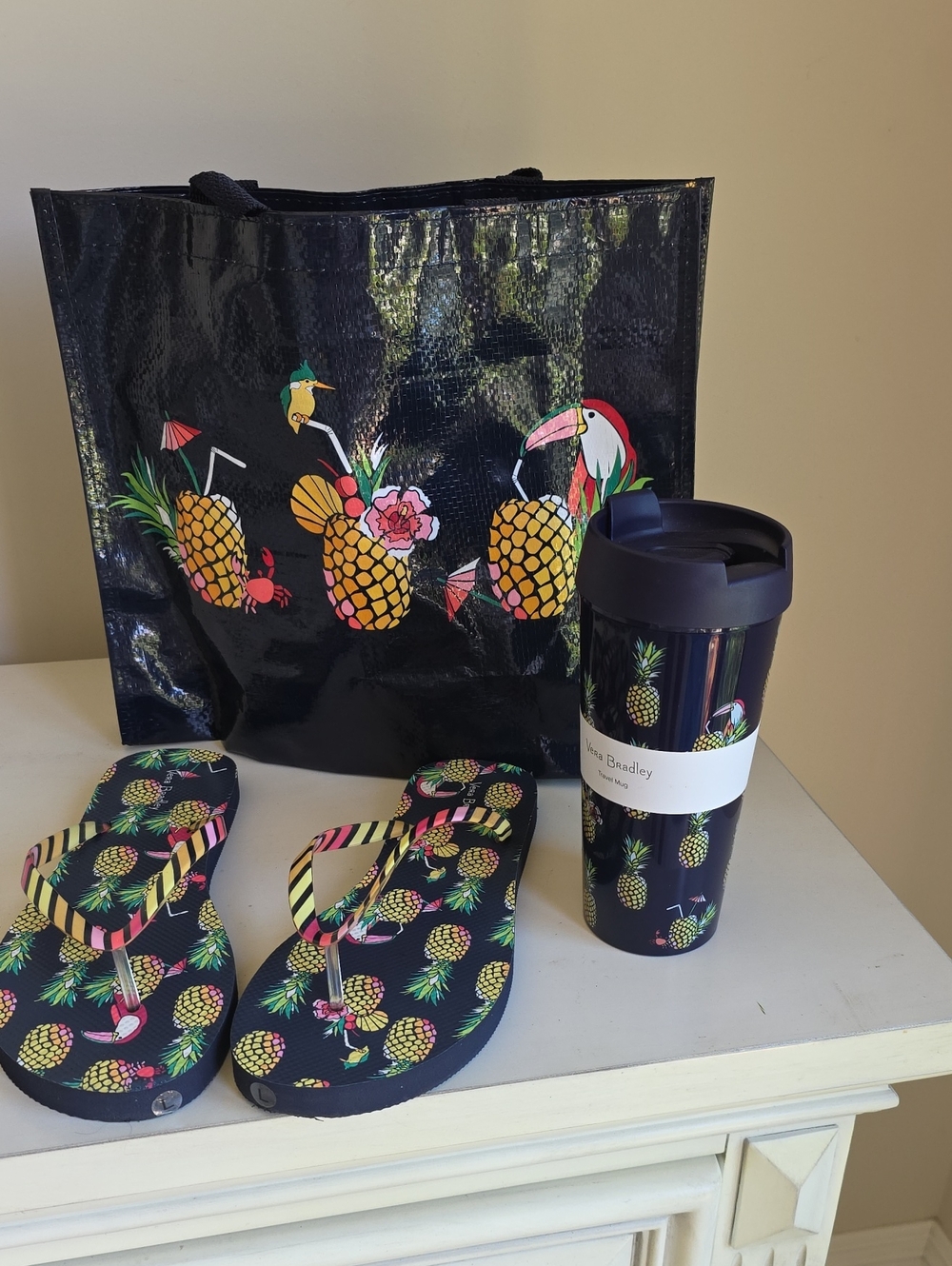 Vera Bradley Navy Pineapple Tote, Travel Mug & Flip Flop Set